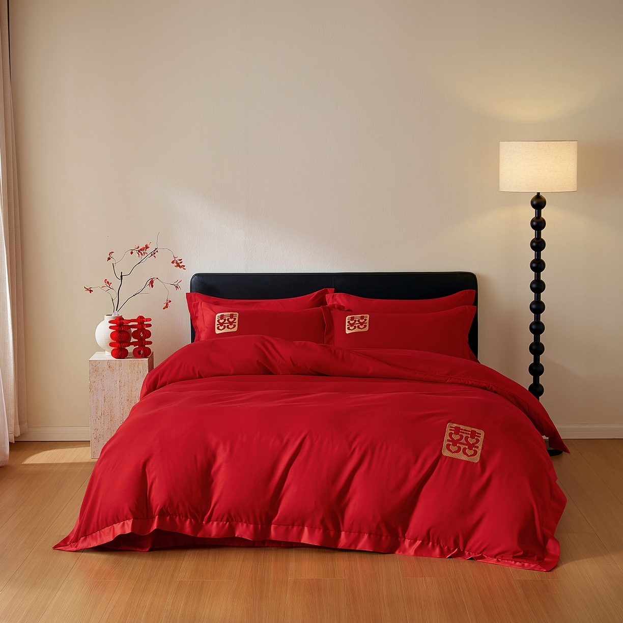 91家纺网 家纺一手货源 找家纺 丰淘家纺 2025新款新中式婚庆磨毛刺绣四件套 喜事迎门