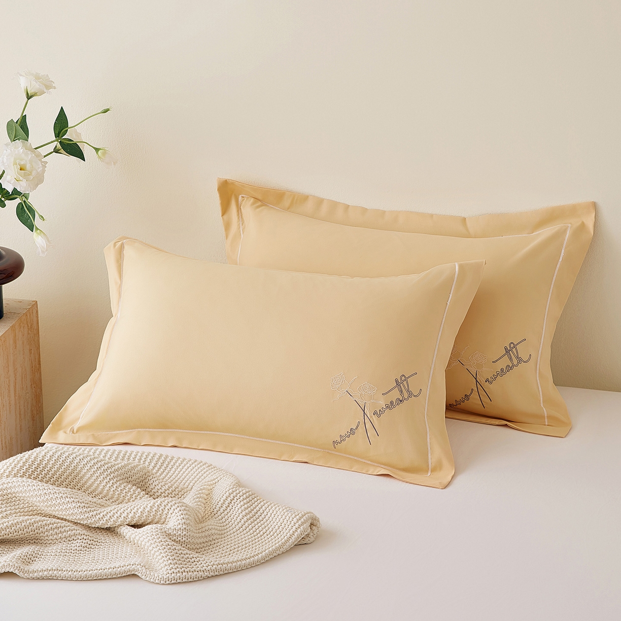 丰淘家纺 2025新款60水洗棉精美刺绣枕套-牡丹花开 牡丹花开-黄驼