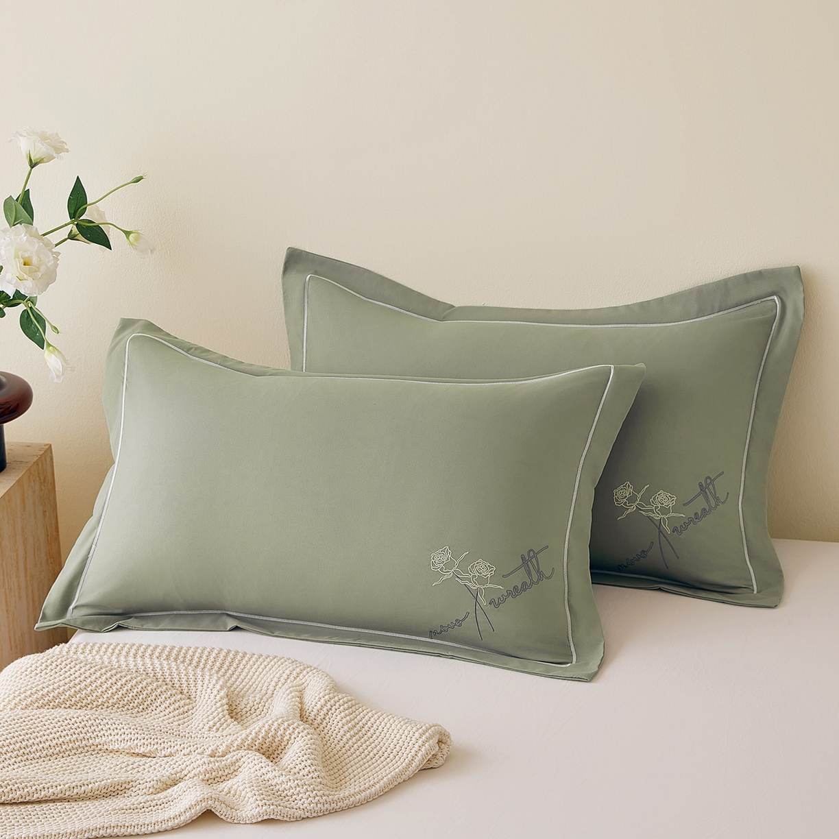 丰淘家纺 2025新款60水洗棉精美刺绣枕套-牡丹花开 牡丹花开-清雅绿
