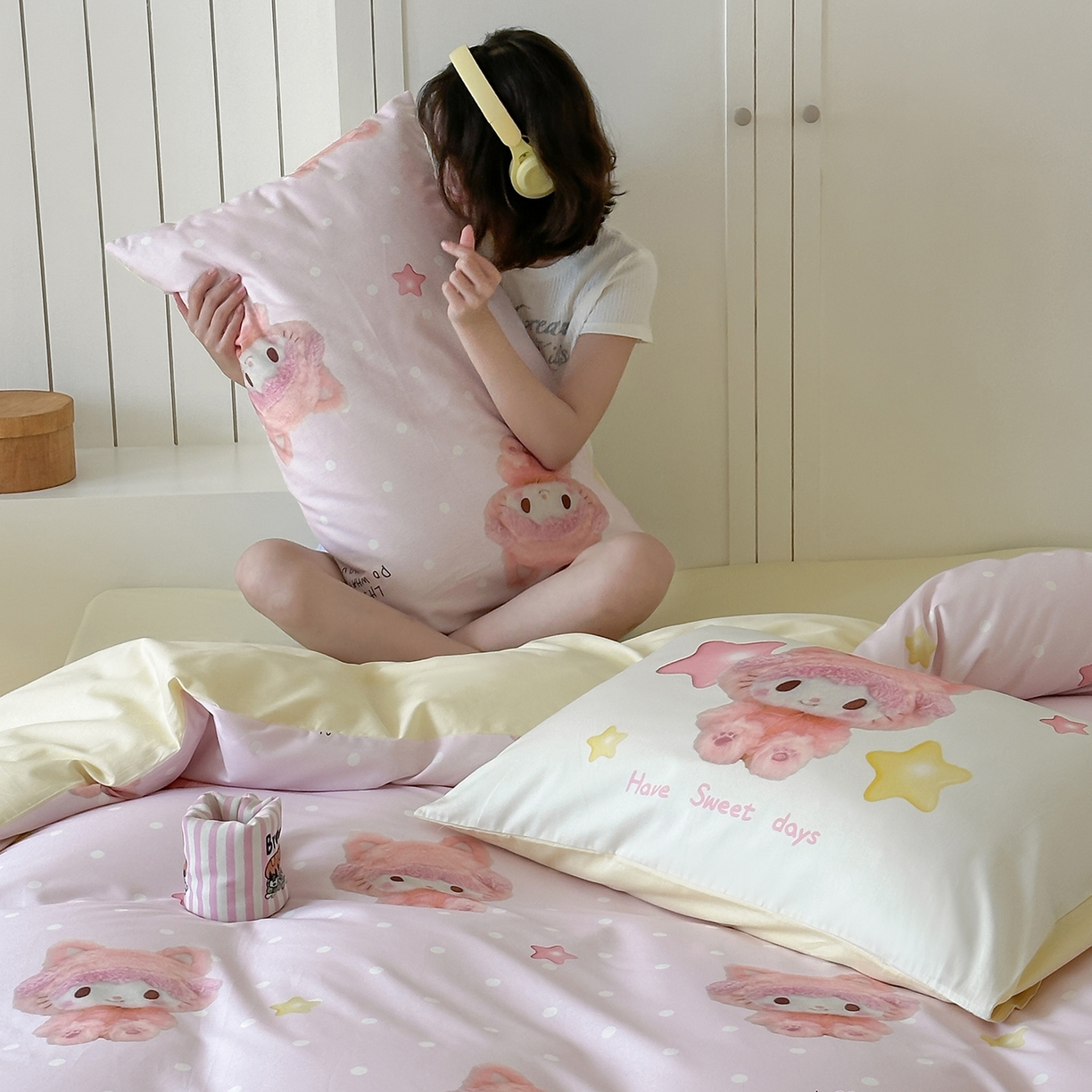 91家纺网 家纺一手货源 找家纺 （总）桃子家居 2025新款纯棉数码印花5D卡通混搭可爱少女纯棉系列四件套