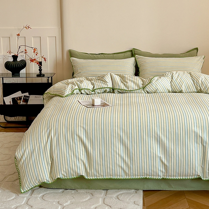 91家纺网 家纺一手货源 找家纺 忆生活 2025秋冬全棉加厚磨毛贝壳边四件套夏末-绿