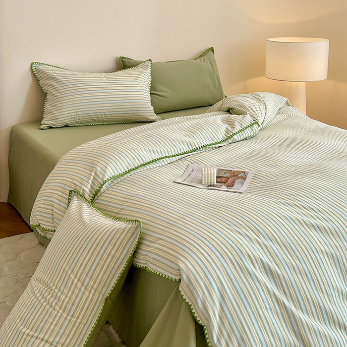 91家纺网 家纺一手货源 找家纺 忆生活 2025秋冬全棉加厚磨毛贝壳边四件套夏末-绿