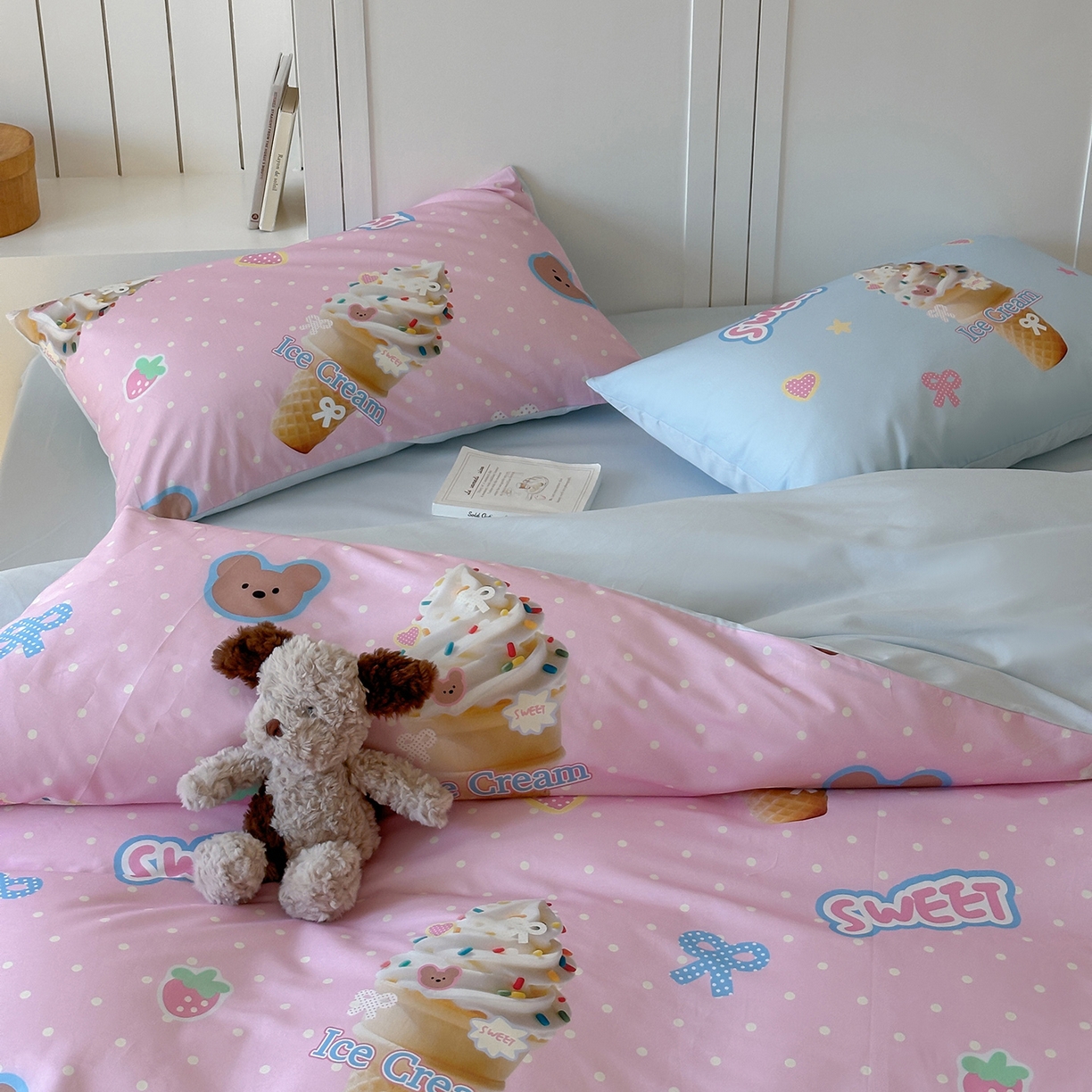 91家纺网 家纺一手货源 找家纺 桃子家居 2025新款纯棉数码印花5D卡通混搭可爱少女纯棉系列四件套 棉5D-熊熊冰淇淋粉