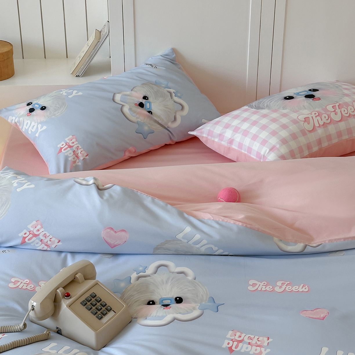 91家纺网 家纺一手货源 找家纺 桃子家居 2025新款纯棉数码印花5D卡通混搭可爱少女纯棉系列四件套 棉5D-甜美幸运狗