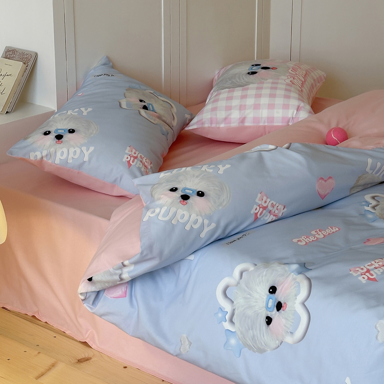 91家纺网 家纺一手货源 找家纺 桃子家居 2025新款纯棉数码印花5D卡通混搭可爱少女纯棉系列四件套 棉5D-甜美幸运狗