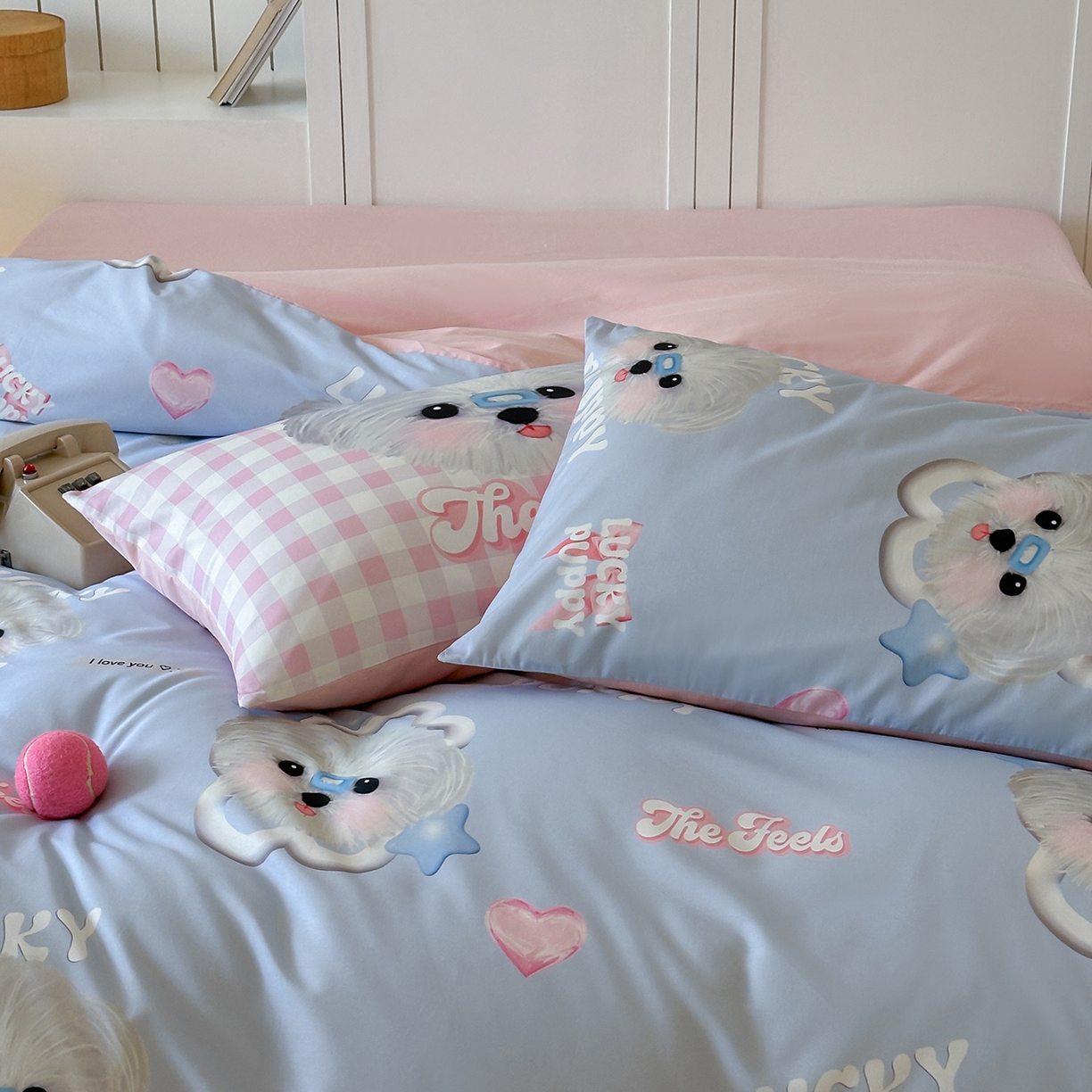 91家纺网 家纺一手货源 找家纺 桃子家居 2025新款纯棉数码印花5D卡通混搭可爱少女纯棉系列四件套 棉5D-甜美幸运狗