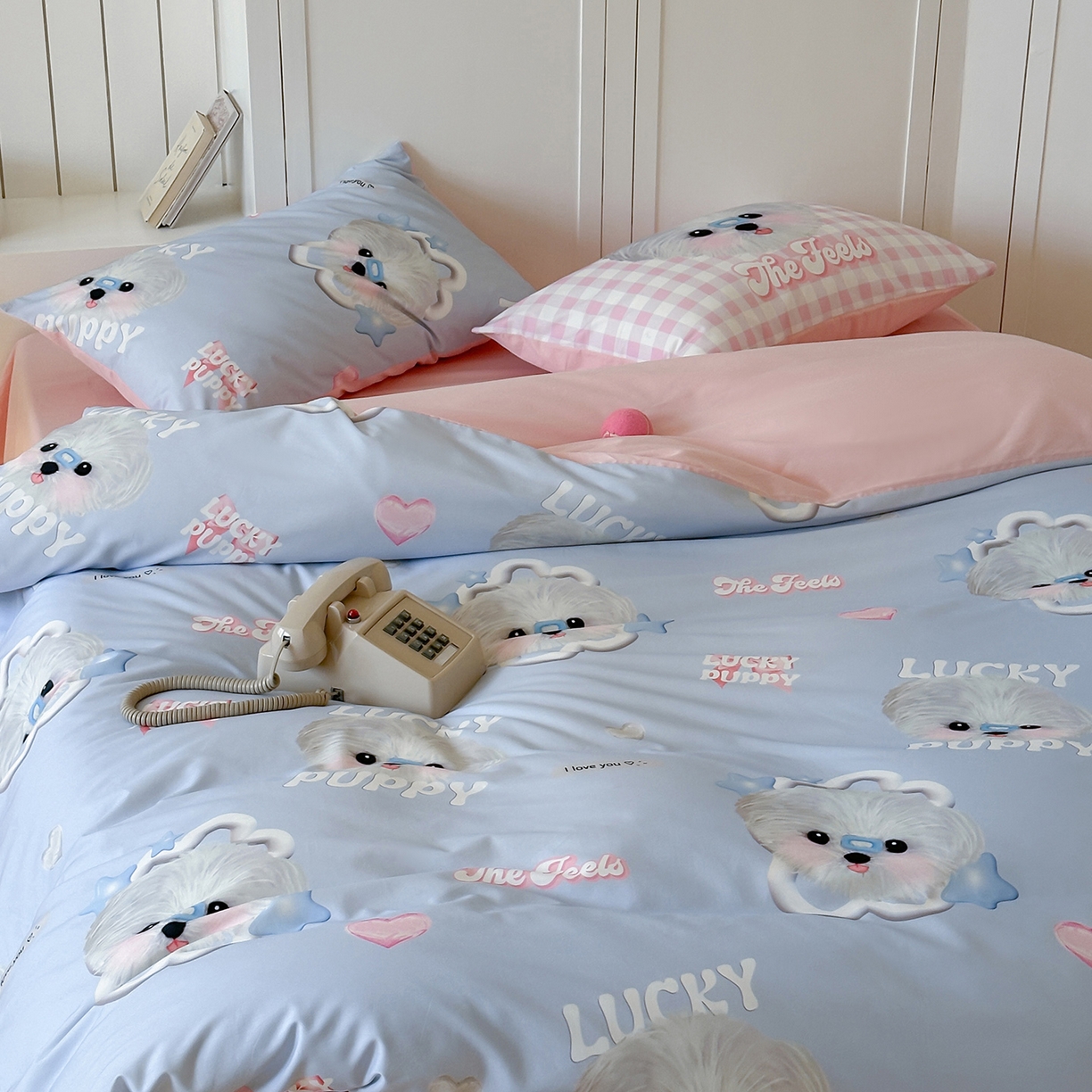 91家纺网 家纺一手货源 找家纺 桃子家居 2025新款纯棉数码印花5D卡通混搭可爱少女纯棉系列四件套 棉5D-甜美幸运狗