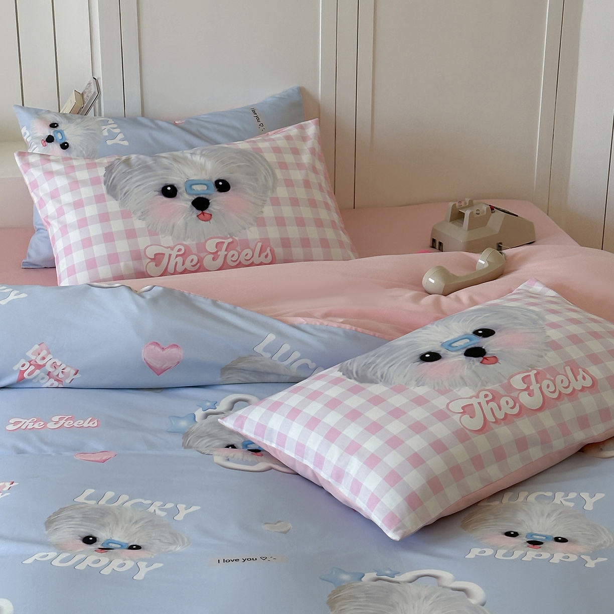 91家纺网 家纺一手货源 找家纺 桃子家居 2025新款纯棉数码印花5D卡通混搭可爱少女纯棉系列四件套 棉5D-甜美幸运狗