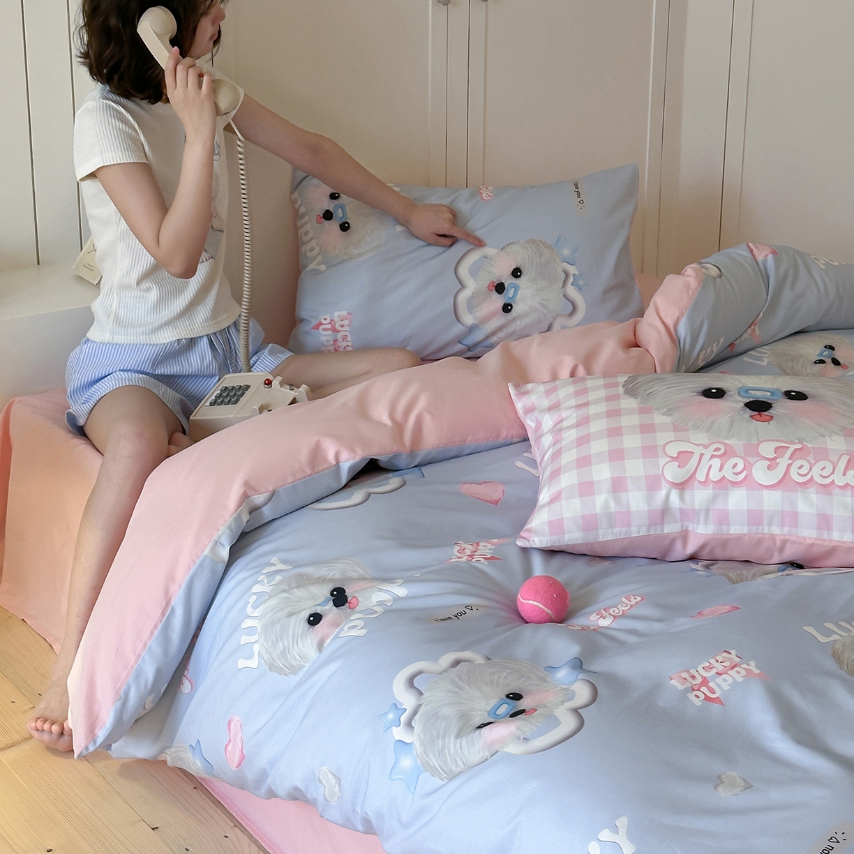 91家纺网 家纺一手货源 找家纺 桃子家居 2025新款纯棉数码印花5D卡通混搭可爱少女纯棉系列四件套 棉5D-甜美幸运狗