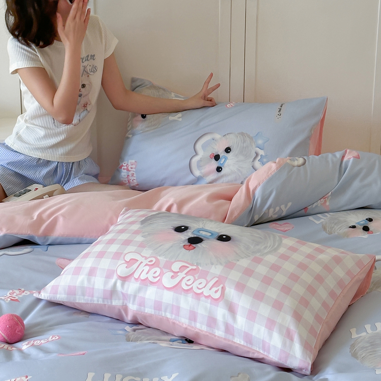 91家纺网 家纺一手货源 找家纺 桃子家居 2025新款纯棉数码印花5D卡通混搭可爱少女纯棉系列四件套 棉5D-甜美幸运狗