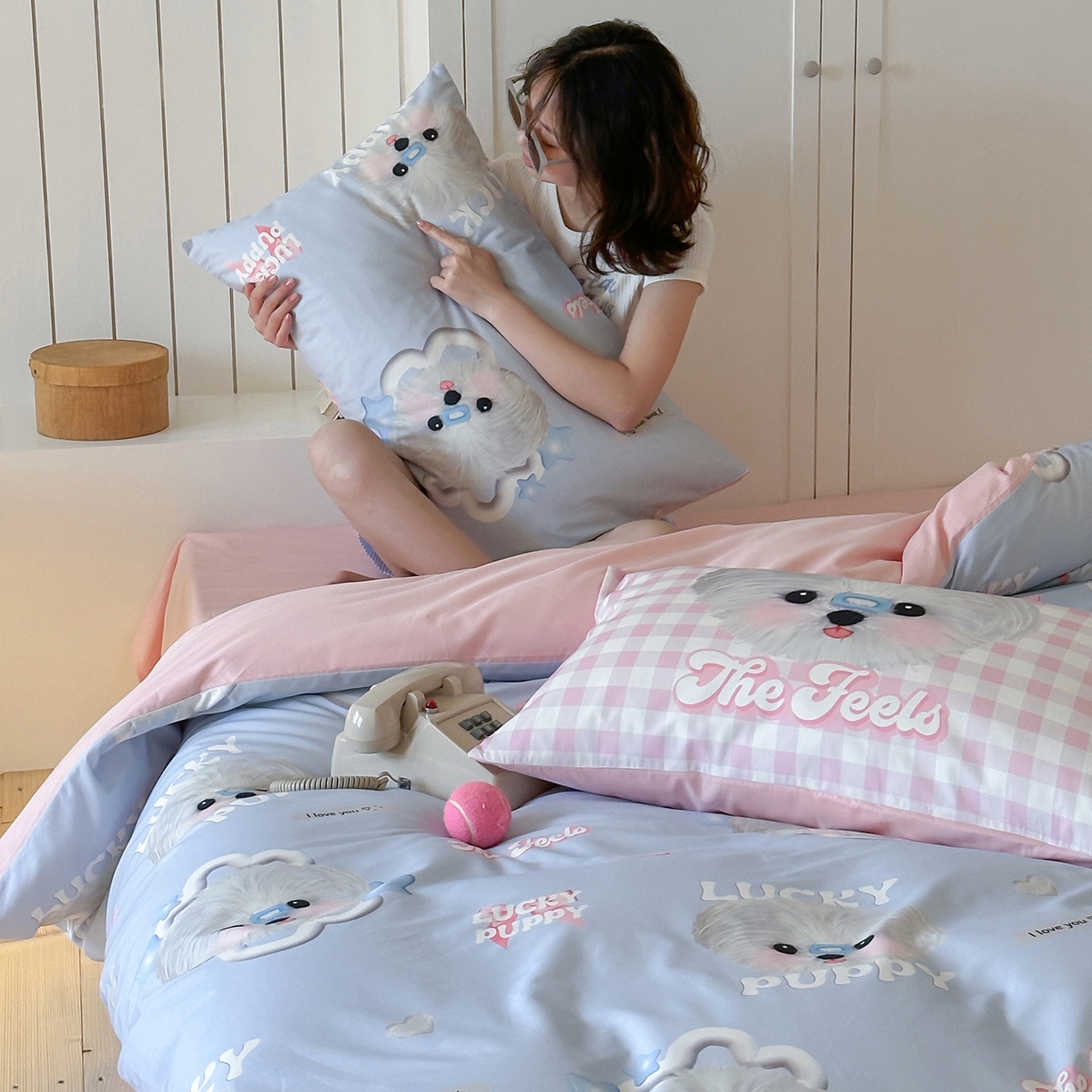 91家纺网 家纺一手货源 找家纺 桃子家居 2025新款纯棉数码印花5D卡通混搭可爱少女纯棉系列四件套 棉5D-甜美幸运狗