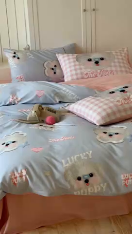 91家纺网 家纺一手货源 找家纺 桃子家居 2025新款纯棉数码印花5D卡通混搭可爱少女纯棉系列四件套 棉5D-甜美幸运狗