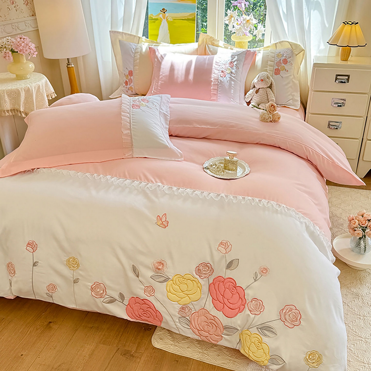 91家纺网 家纺一手货源 找家纺 （总）慕语家纺 2025新款磨毛亲肤贴布绣伊丽莎白四件套（专版花型）