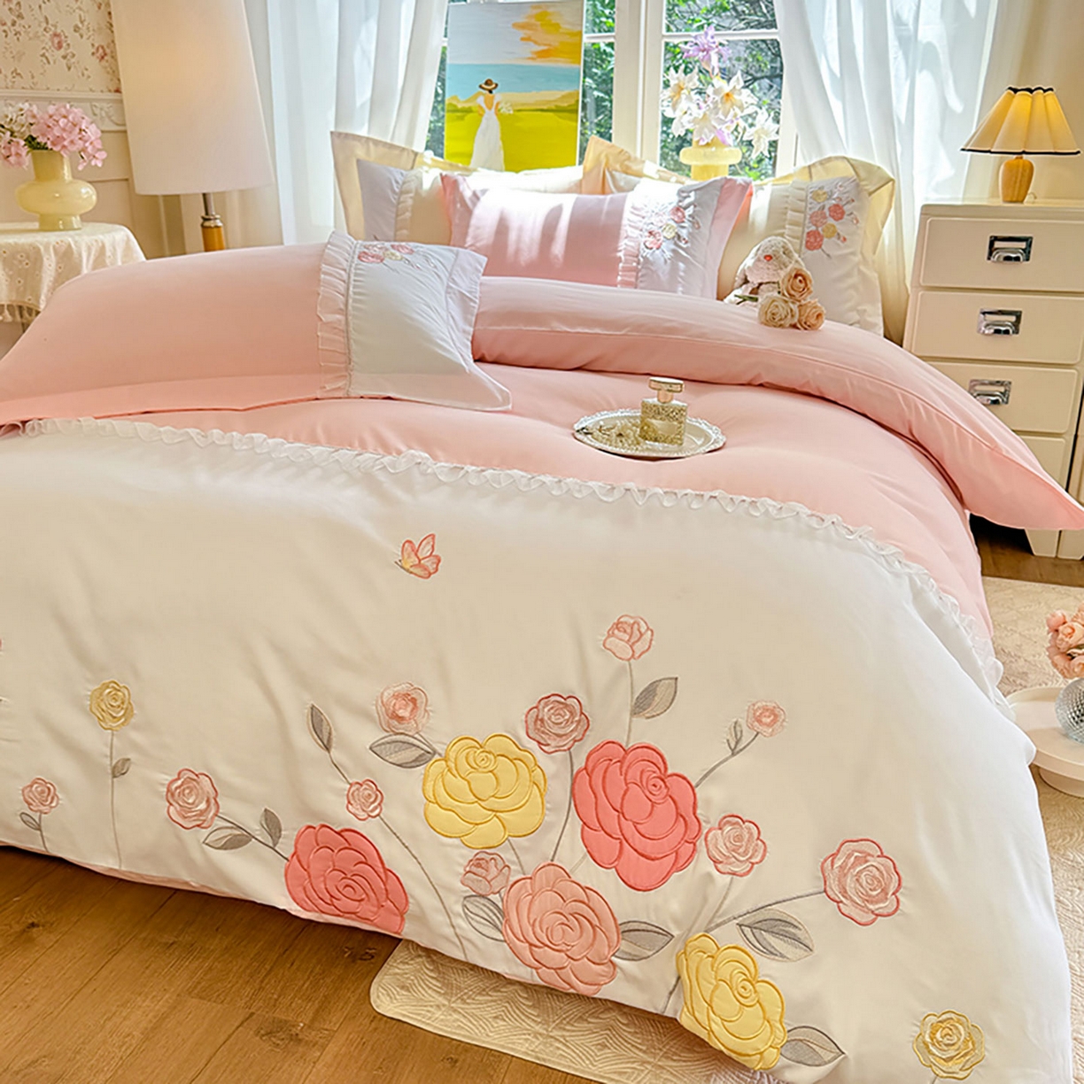 91家纺网 家纺一手货源 找家纺 （总）慕语家纺 2025新款磨毛亲肤贴布绣伊丽莎白四件套（专版花型）