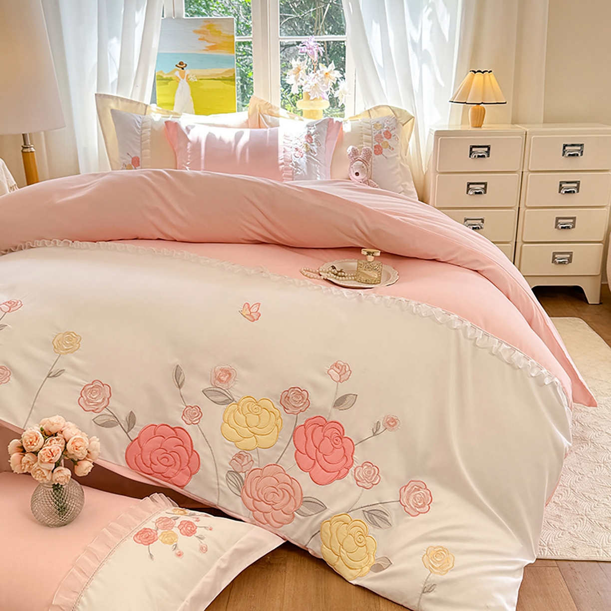 91家纺网 家纺一手货源 找家纺 （总）慕语家纺 2025新款磨毛亲肤贴布绣伊丽莎白四件套（专版花型）