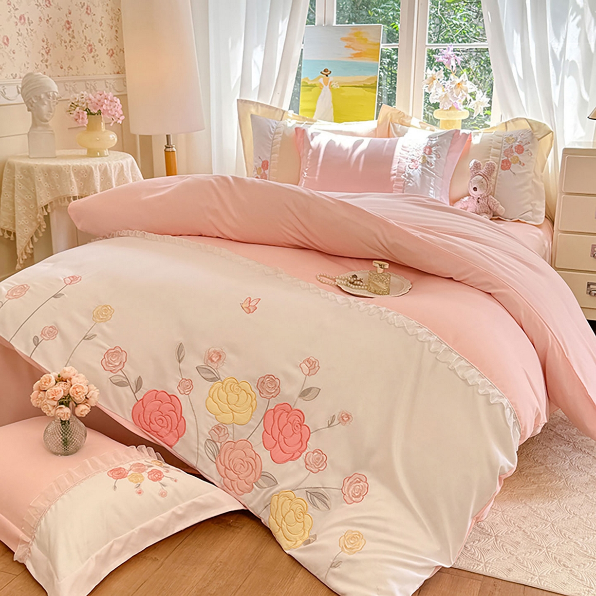 91家纺网 家纺一手货源 找家纺 （总）慕语家纺 2025新款磨毛亲肤贴布绣伊丽莎白四件套（专版花型）