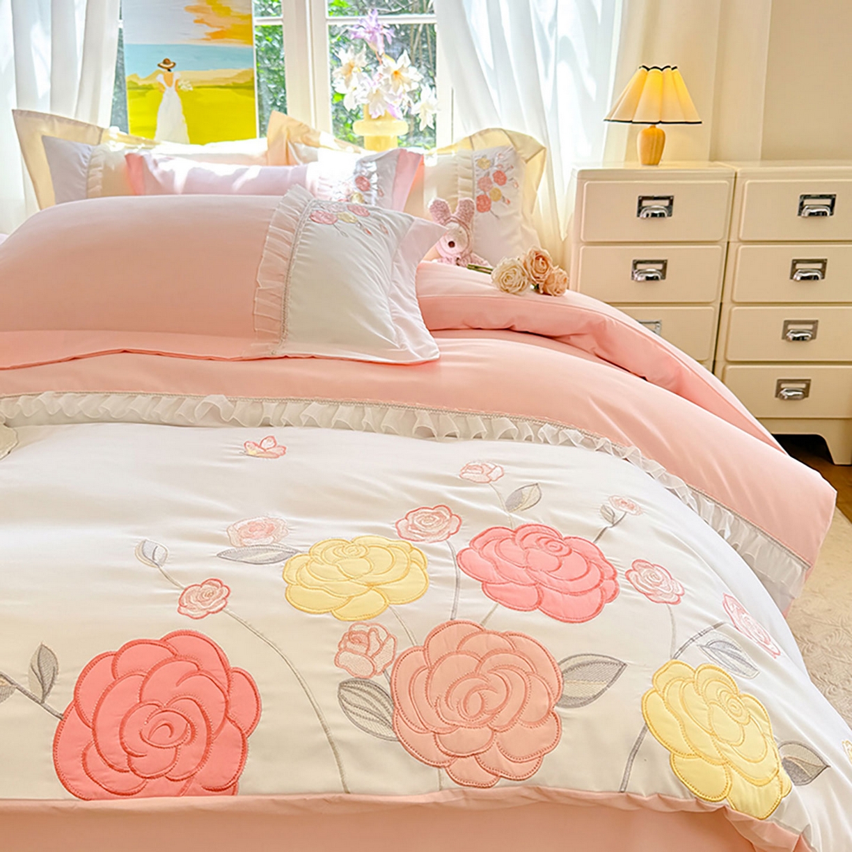 91家纺网 家纺一手货源 找家纺 （总）慕语家纺 2025新款磨毛亲肤贴布绣伊丽莎白四件套（专版花型）