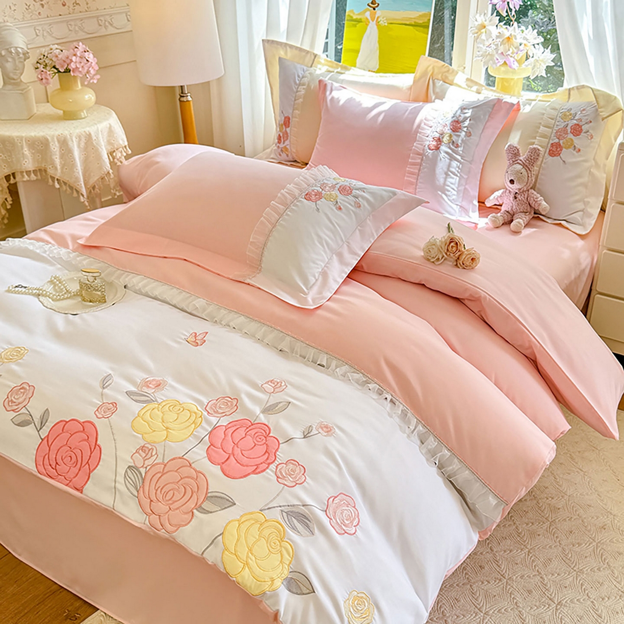 91家纺网 家纺一手货源 找家纺 （总）慕语家纺 2025新款磨毛亲肤贴布绣伊丽莎白四件套（专版花型）