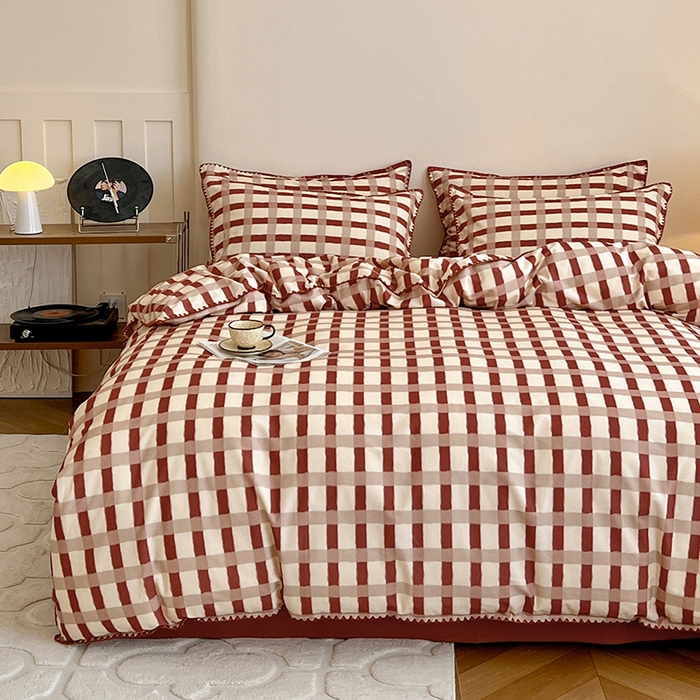 91家纺网 家纺一手货源 找家纺 忆生活 2025秋冬全棉加厚磨毛贝壳边四件套格言-红