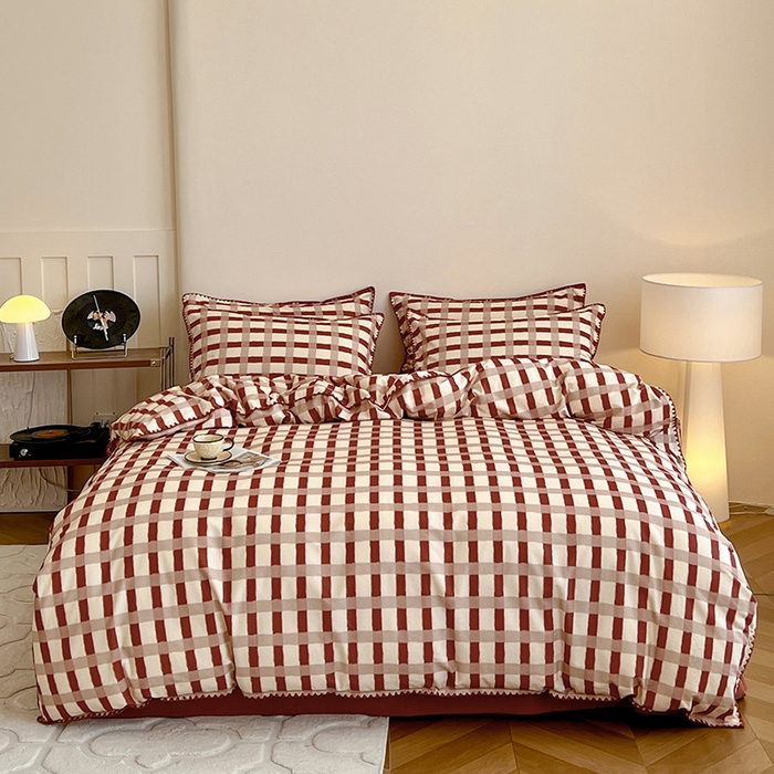 91家纺网 家纺一手货源 找家纺 忆生活 2025秋冬全棉加厚磨毛贝壳边四件套格言-红