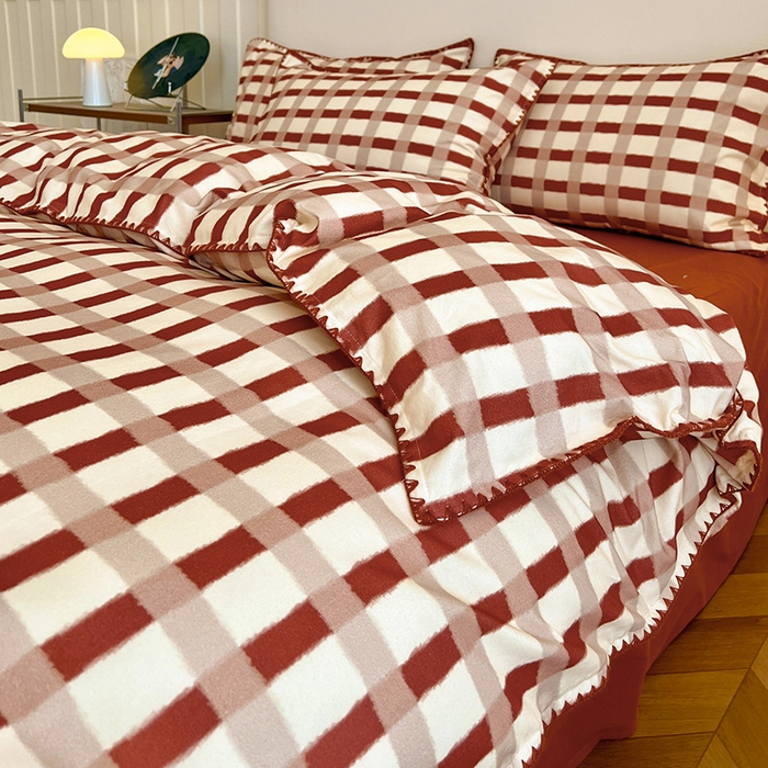 91家纺网 家纺一手货源 找家纺 忆生活 2025秋冬全棉加厚磨毛贝壳边四件套格言-红