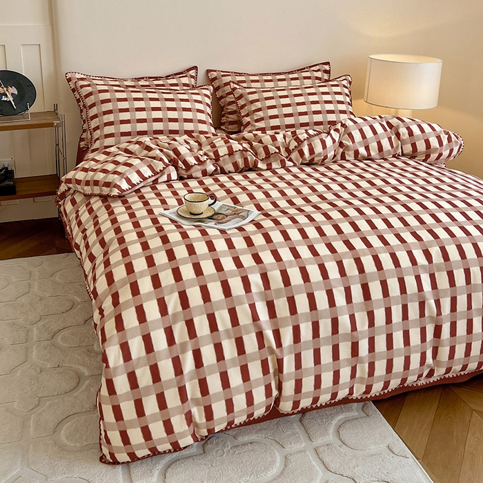 91家纺网 家纺一手货源 找家纺 忆生活 2025秋冬全棉加厚磨毛贝壳边四件套格言-红