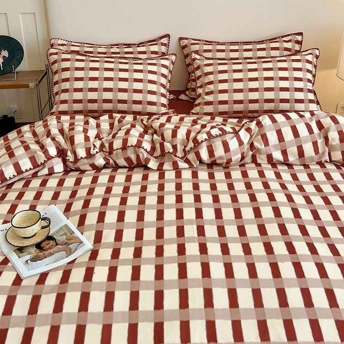 91家纺网 家纺一手货源 找家纺 忆生活 2025秋冬全棉加厚磨毛贝壳边四件套格言-红