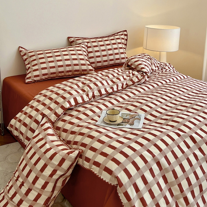 91家纺网 家纺一手货源 找家纺 忆生活 2025秋冬全棉加厚磨毛贝壳边四件套格言-红