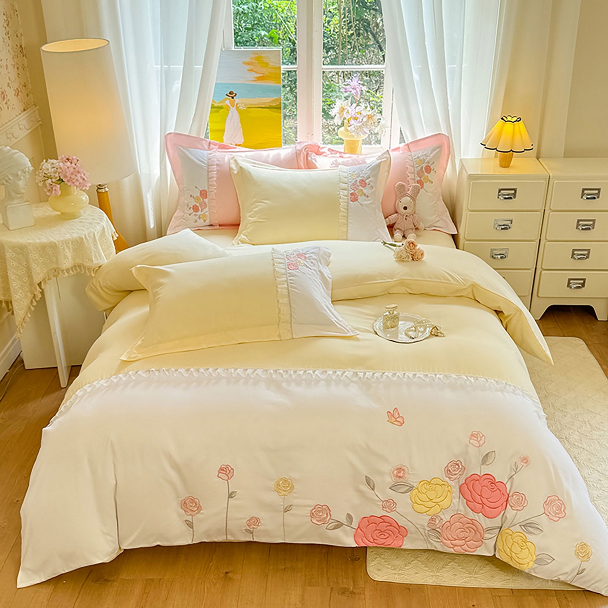 91家纺网 家纺一手货源 找家纺 慕语家纺 2025新款磨毛亲肤贴布绣伊丽莎白四件套（专版花型） 伊丽莎白--奶油黄