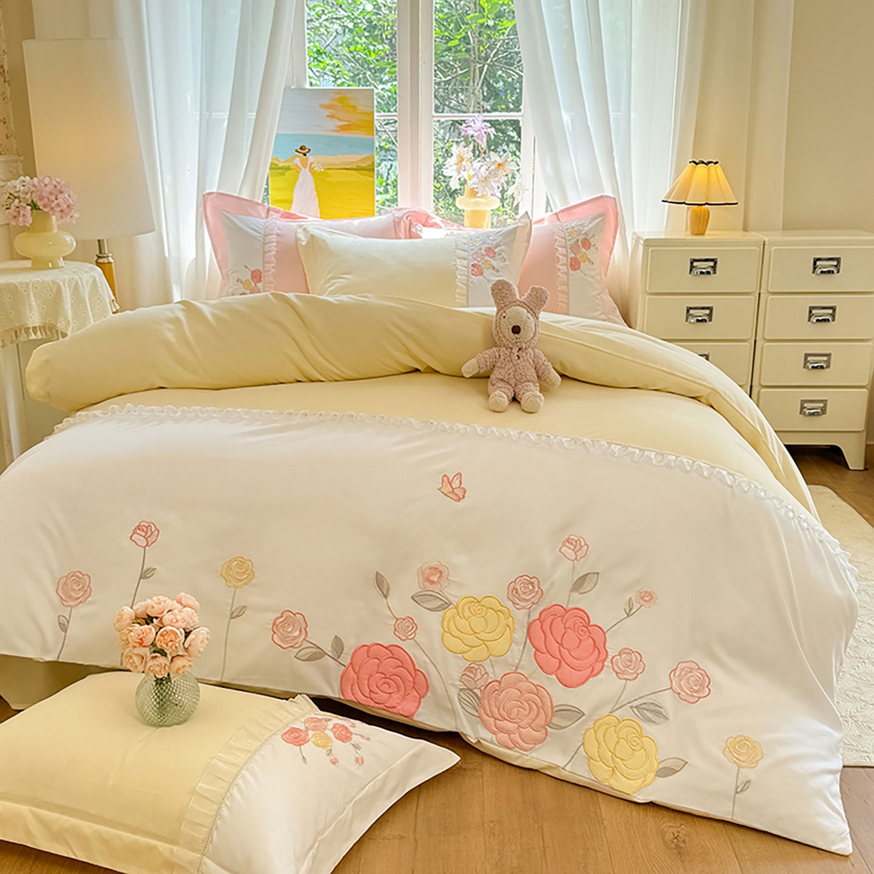 91家纺网 家纺一手货源 找家纺 慕语家纺 2025新款磨毛亲肤贴布绣伊丽莎白四件套（专版花型） 伊丽莎白--奶油黄