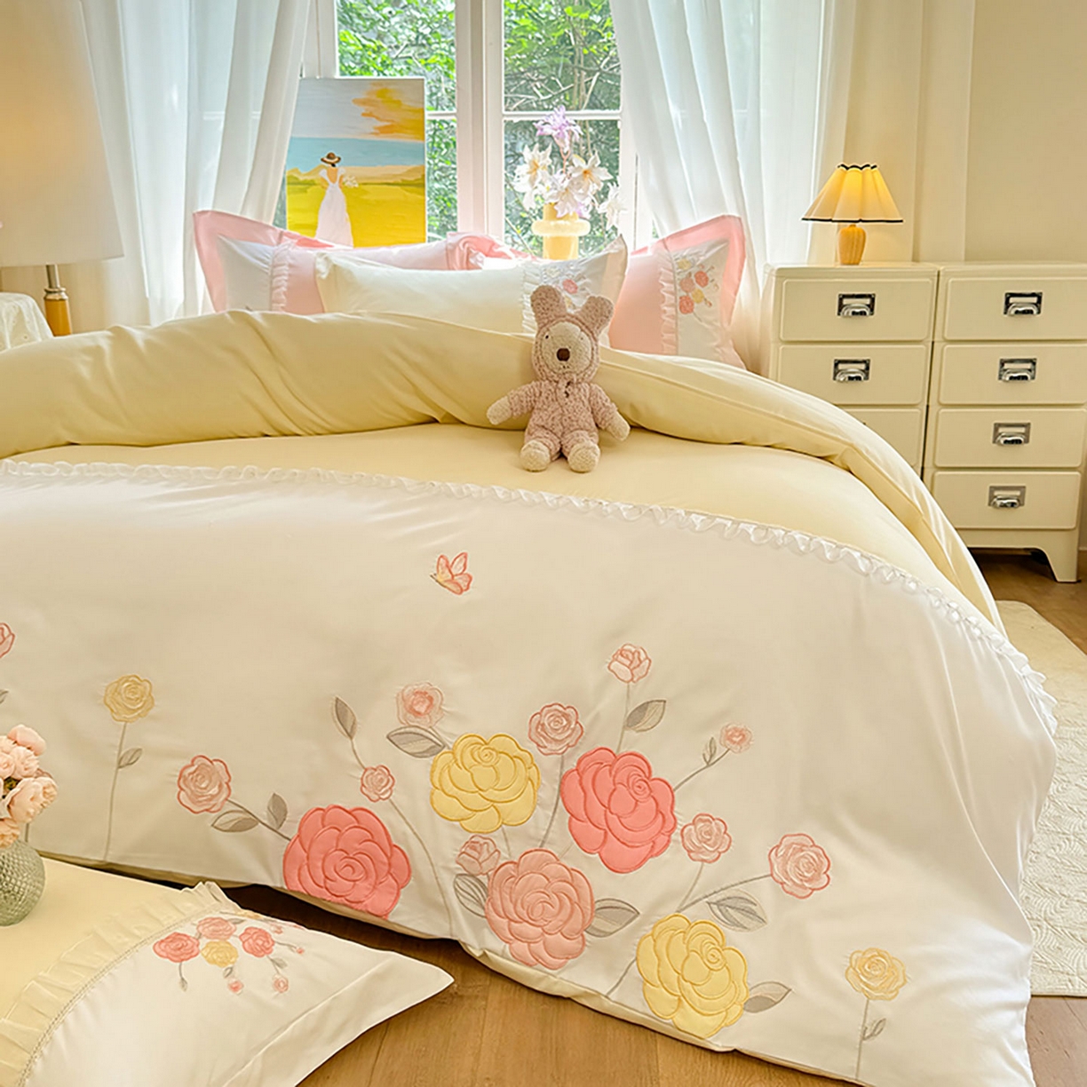 91家纺网 家纺一手货源 找家纺 慕语家纺 2025新款磨毛亲肤贴布绣伊丽莎白四件套（专版花型） 伊丽莎白--奶油黄