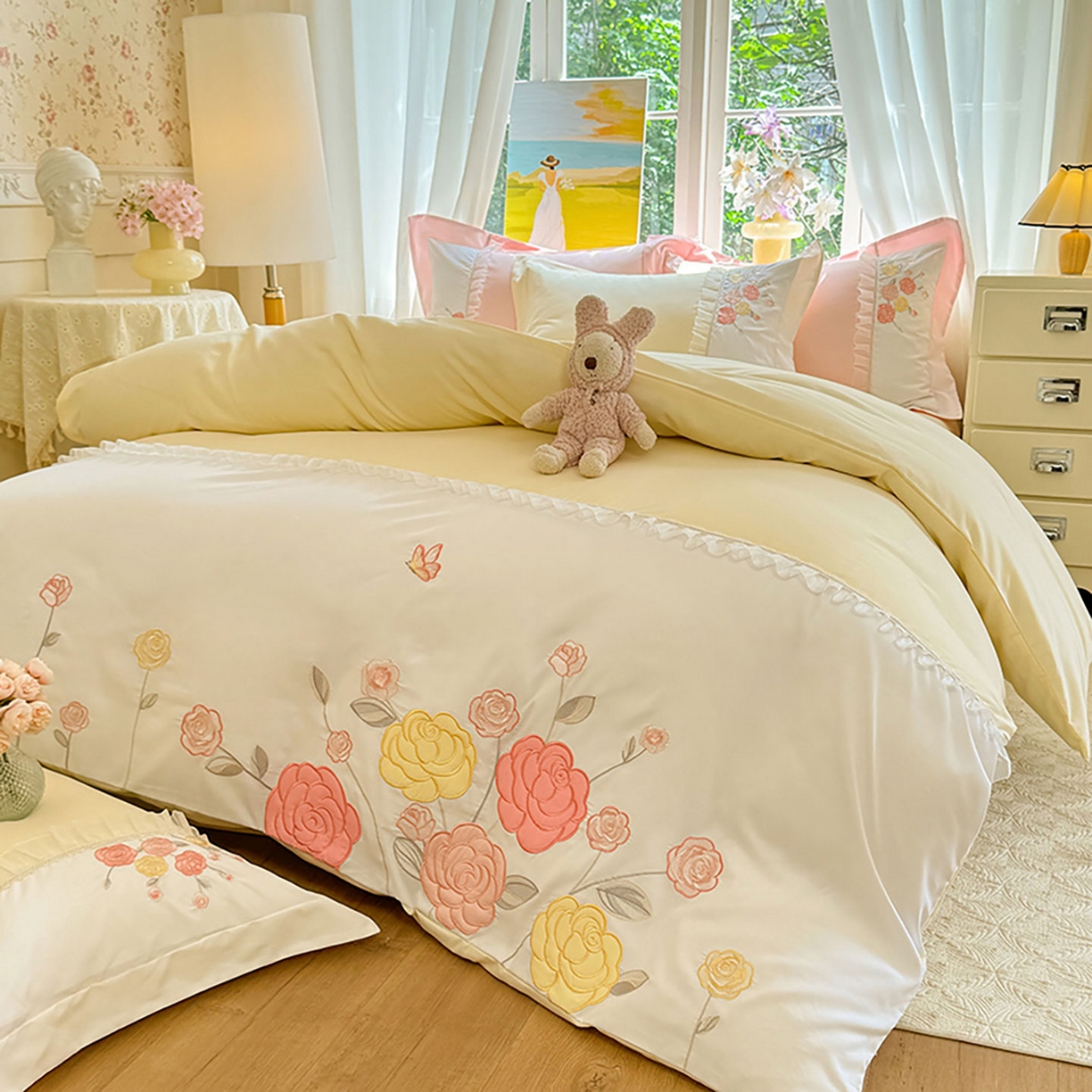 91家纺网 家纺一手货源 找家纺 慕语家纺 2025新款磨毛亲肤贴布绣伊丽莎白四件套（专版花型） 伊丽莎白--奶油黄