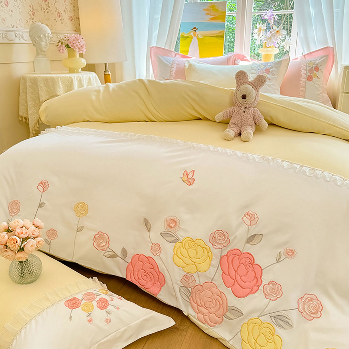 91家纺网 家纺一手货源 找家纺 慕语家纺 2025新款磨毛亲肤贴布绣伊丽莎白四件套（专版花型） 伊丽莎白--奶油黄