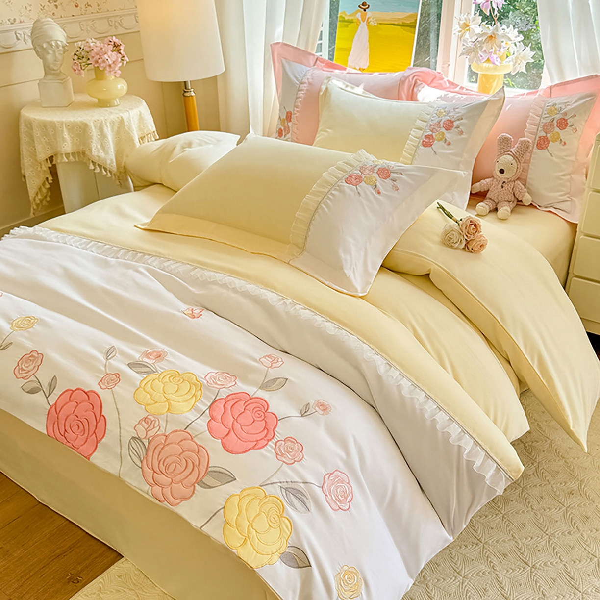 91家纺网 家纺一手货源 找家纺 慕语家纺 2025新款磨毛亲肤贴布绣伊丽莎白四件套（专版花型） 伊丽莎白--奶油黄