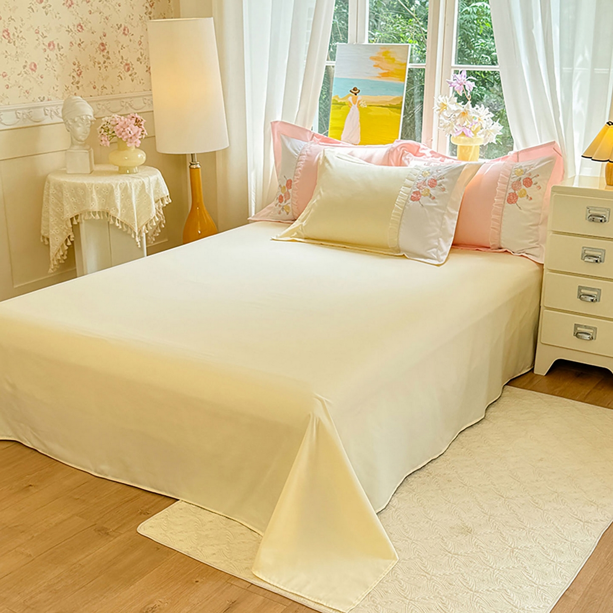 91家纺网 家纺一手货源 找家纺 慕语家纺 2025新款磨毛亲肤贴布绣伊丽莎白四件套（专版花型） 伊丽莎白--奶油黄