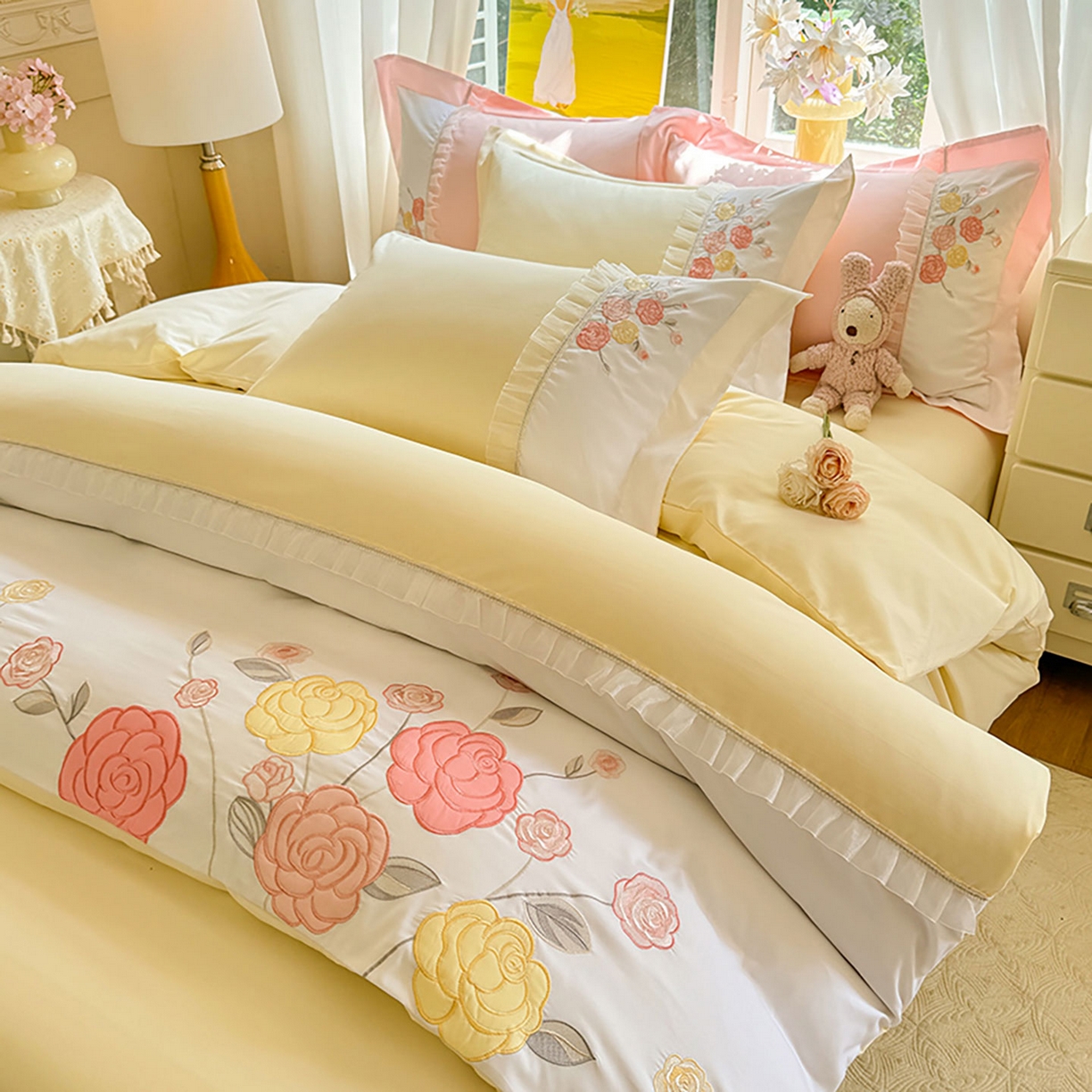 91家纺网 家纺一手货源 找家纺 慕语家纺 2025新款磨毛亲肤贴布绣伊丽莎白四件套（专版花型） 伊丽莎白--奶油黄