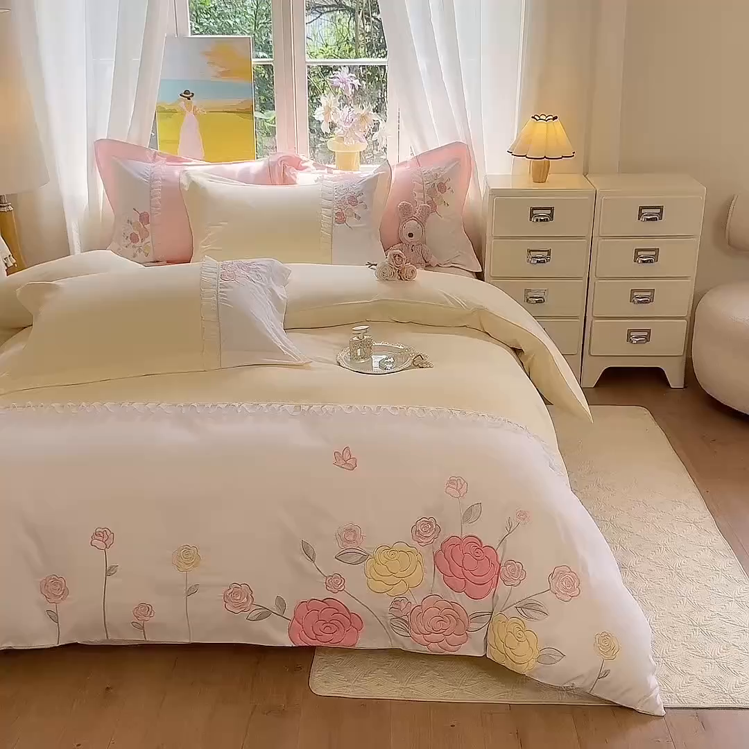 91家纺网 家纺一手货源 找家纺 慕语家纺 2025新款磨毛亲肤贴布绣伊丽莎白四件套（专版花型） 伊丽莎白--奶油黄