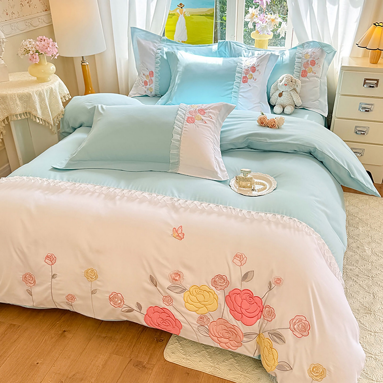 91家纺网 家纺一手货源 找家纺 慕语家纺 2025新款磨毛亲肤贴布绣伊丽莎白四件套（专版花型） 伊丽莎白--清新绿