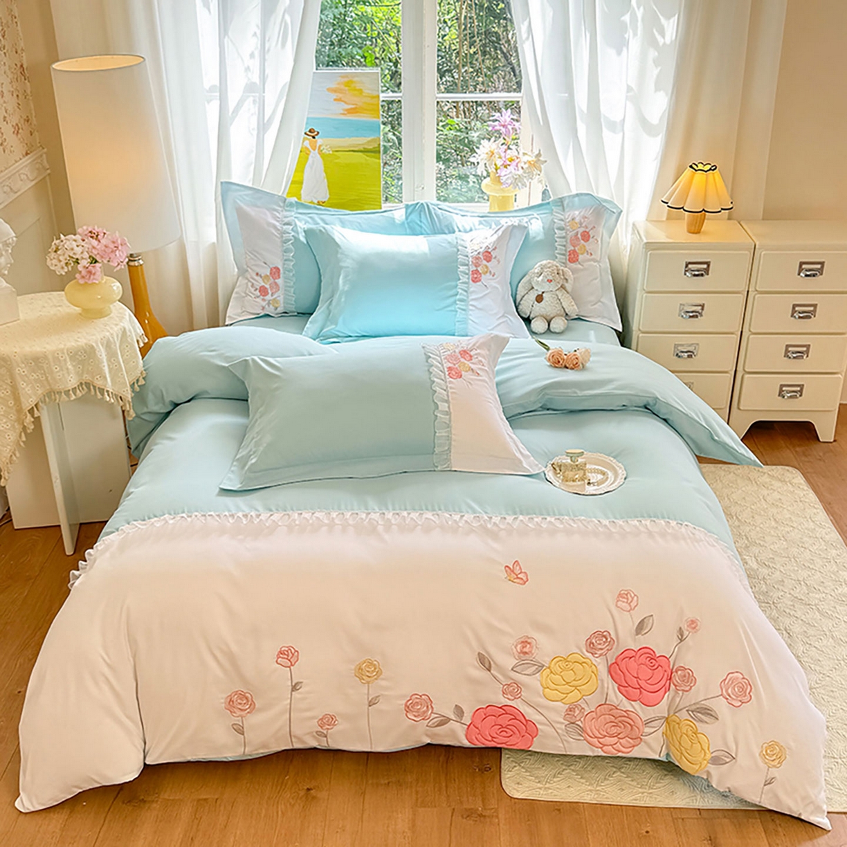 91家纺网 家纺一手货源 找家纺 慕语家纺 2025新款磨毛亲肤贴布绣伊丽莎白四件套（专版花型） 伊丽莎白--清新绿