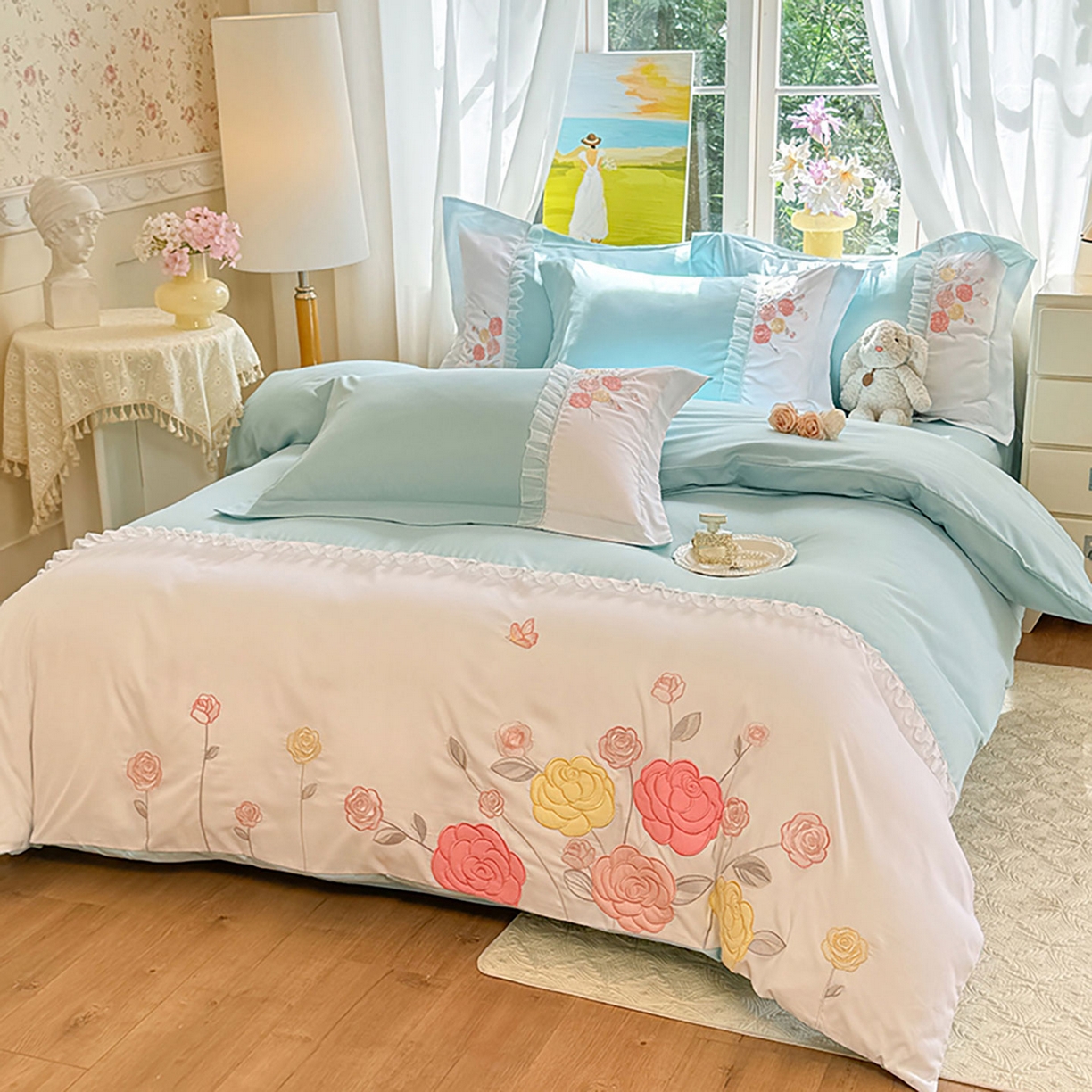 91家纺网 家纺一手货源 找家纺 慕语家纺 2025新款磨毛亲肤贴布绣伊丽莎白四件套（专版花型） 伊丽莎白--清新绿