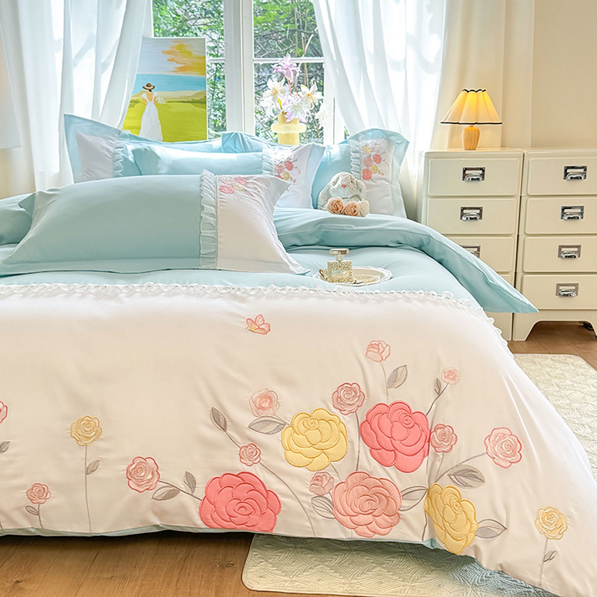 91家纺网 家纺一手货源 找家纺 慕语家纺 2025新款磨毛亲肤贴布绣伊丽莎白四件套（专版花型） 伊丽莎白--清新绿