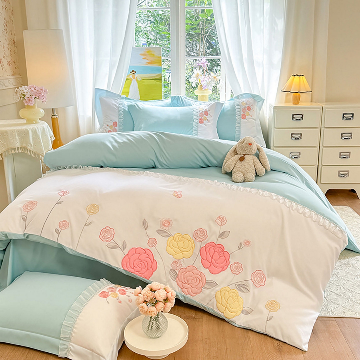 91家纺网 家纺一手货源 找家纺 慕语家纺 2025新款磨毛亲肤贴布绣伊丽莎白四件套（专版花型） 伊丽莎白--清新绿