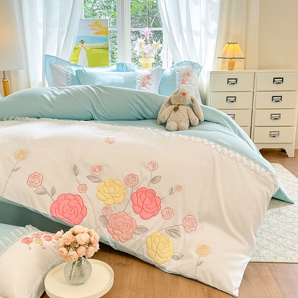 91家纺网 家纺一手货源 找家纺 慕语家纺 2025新款磨毛亲肤贴布绣伊丽莎白四件套（专版花型） 伊丽莎白--清新绿