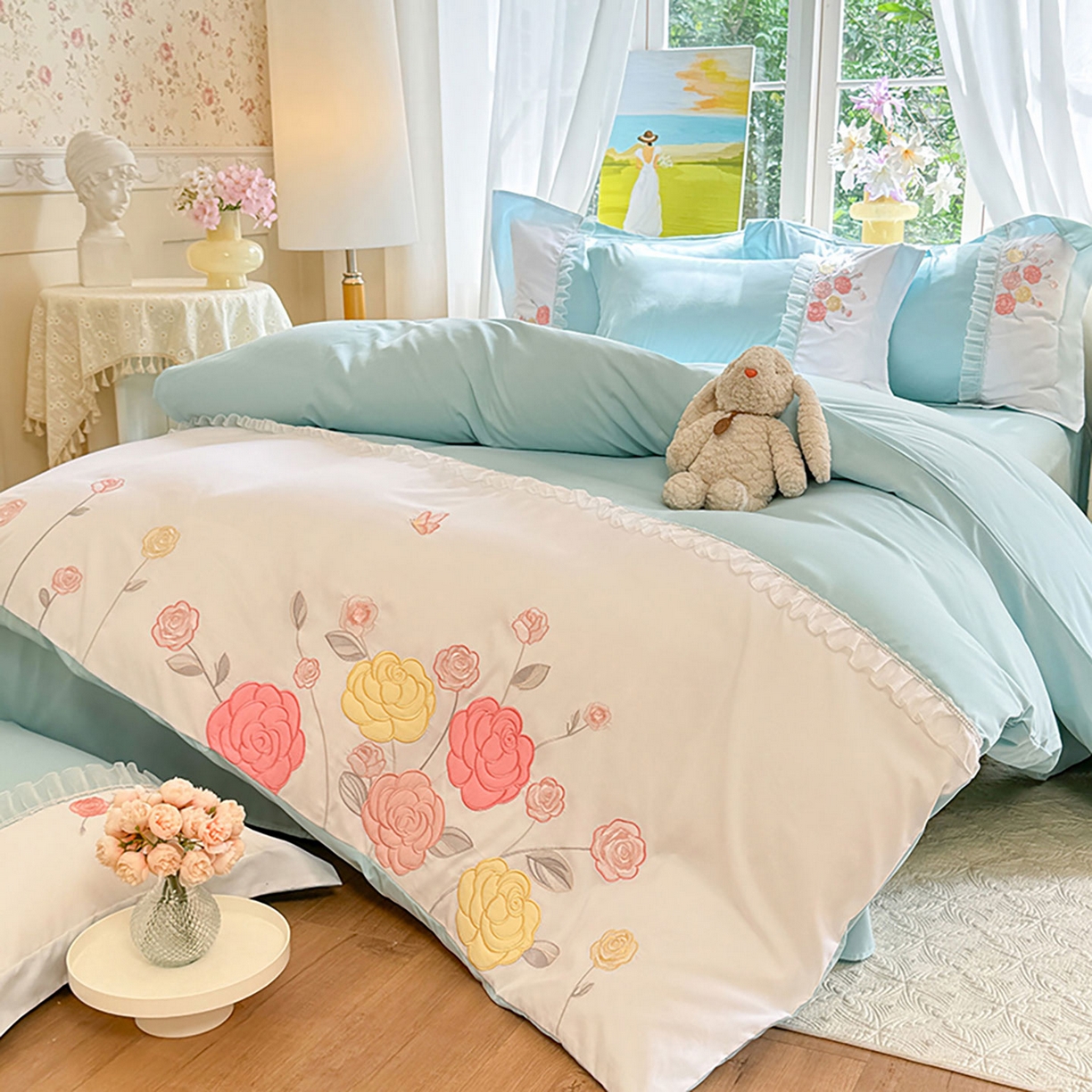 91家纺网 家纺一手货源 找家纺 慕语家纺 2025新款磨毛亲肤贴布绣伊丽莎白四件套（专版花型） 伊丽莎白--清新绿