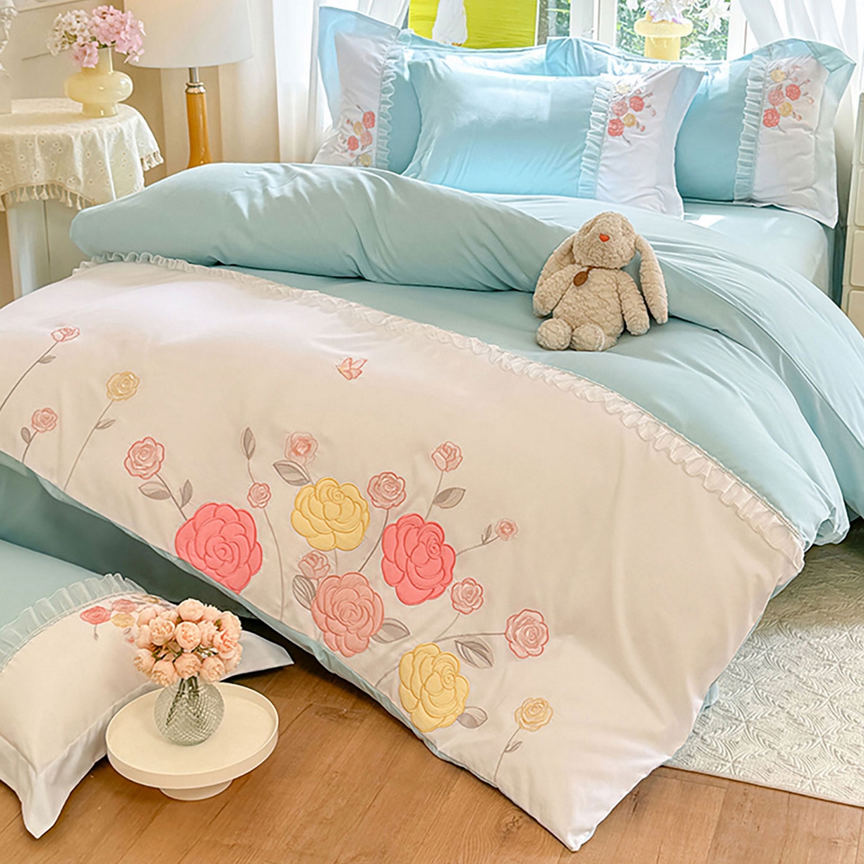 91家纺网 家纺一手货源 找家纺 慕语家纺 2025新款磨毛亲肤贴布绣伊丽莎白四件套（专版花型） 伊丽莎白--清新绿