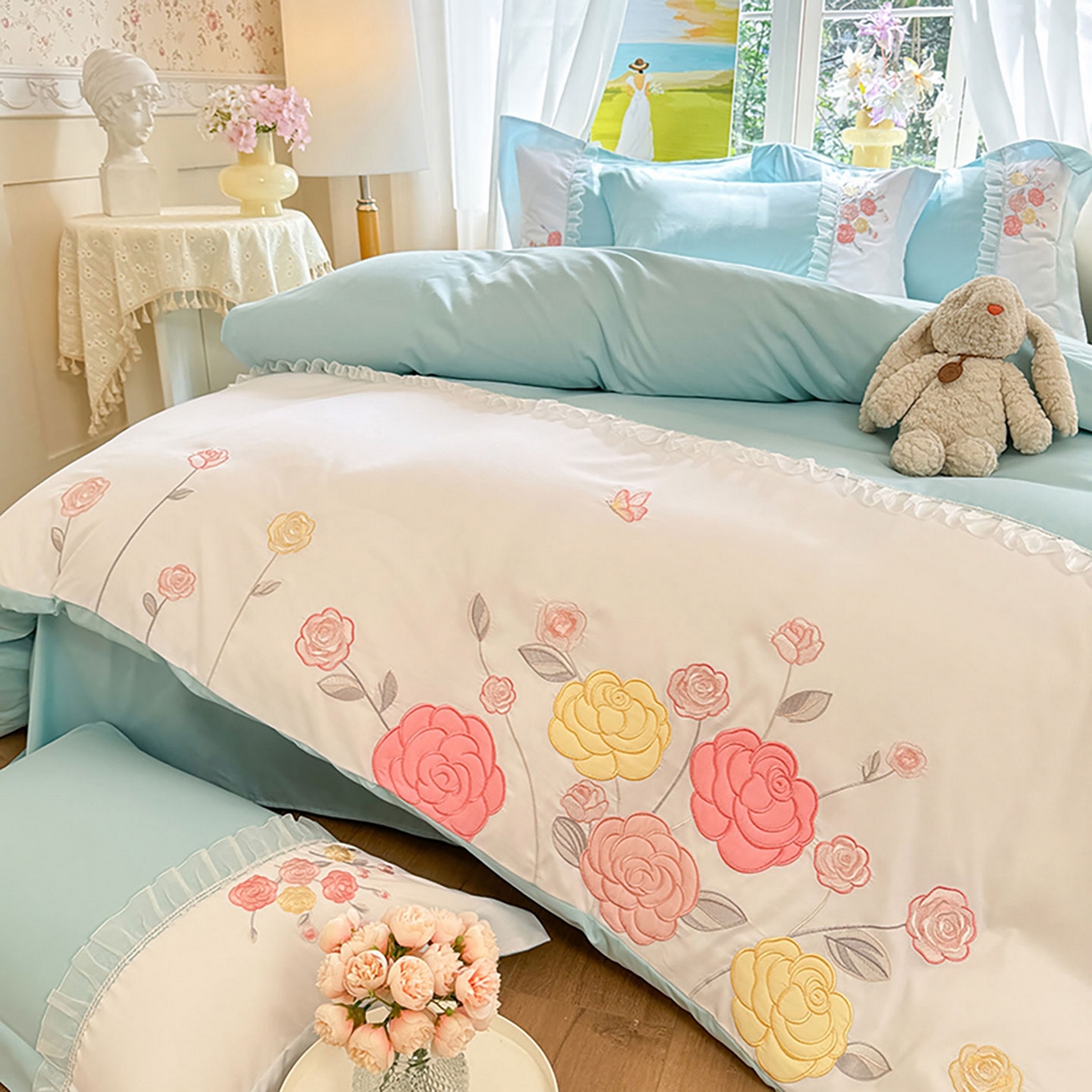 91家纺网 家纺一手货源 找家纺 慕语家纺 2025新款磨毛亲肤贴布绣伊丽莎白四件套（专版花型） 伊丽莎白--清新绿