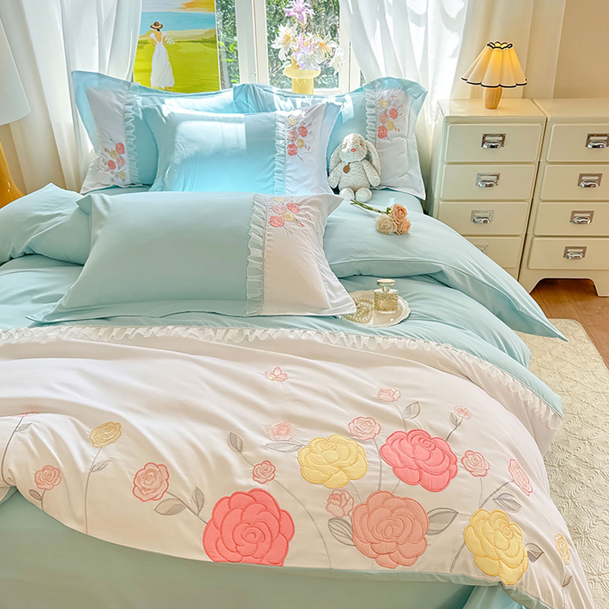 91家纺网 家纺一手货源 找家纺 慕语家纺 2025新款磨毛亲肤贴布绣伊丽莎白四件套（专版花型） 伊丽莎白--清新绿