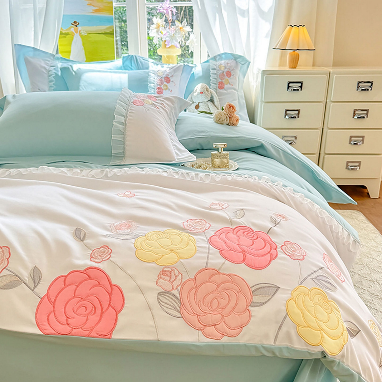 91家纺网 家纺一手货源 找家纺 慕语家纺 2025新款磨毛亲肤贴布绣伊丽莎白四件套（专版花型） 伊丽莎白--清新绿