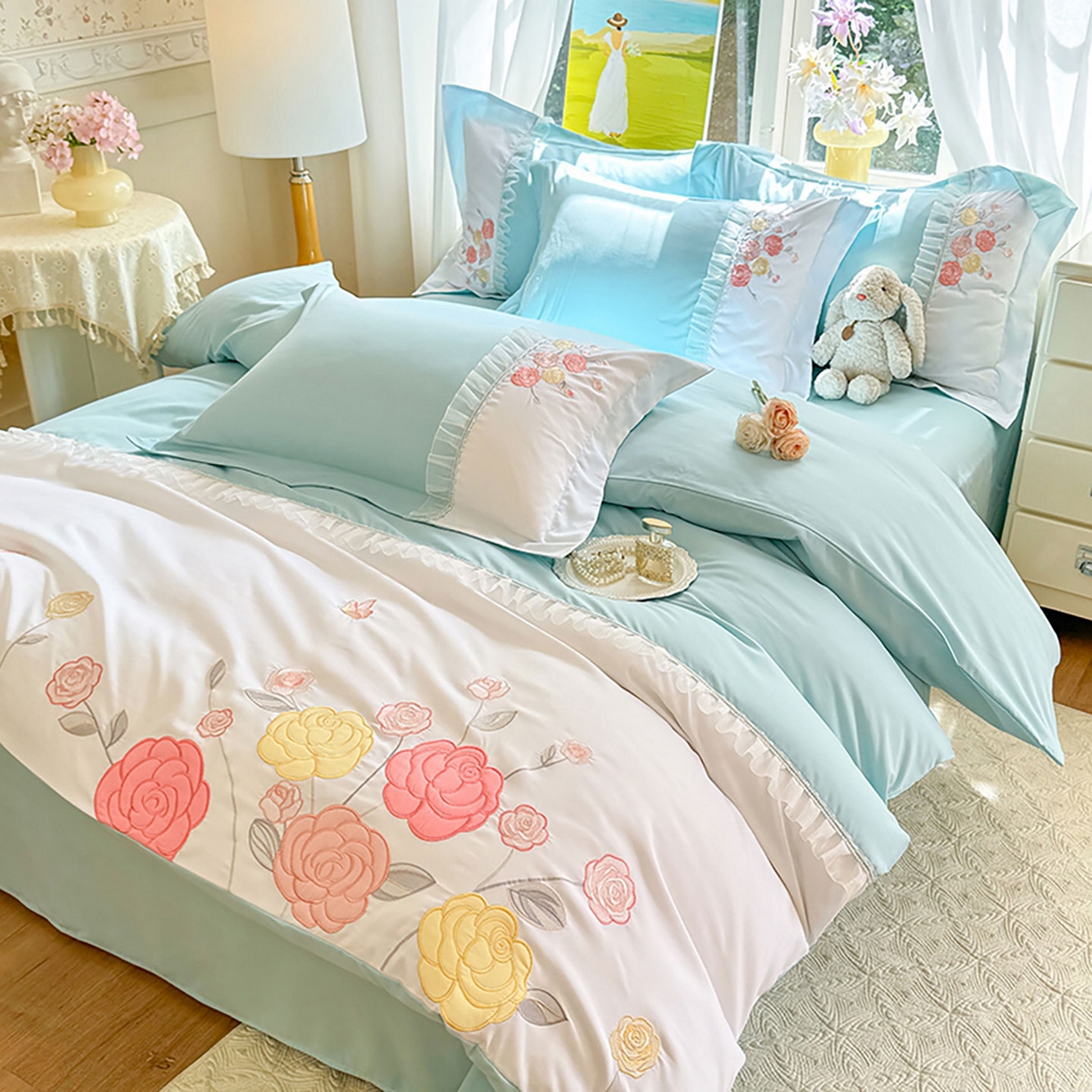 91家纺网 家纺一手货源 找家纺 慕语家纺 2025新款磨毛亲肤贴布绣伊丽莎白四件套（专版花型） 伊丽莎白--清新绿