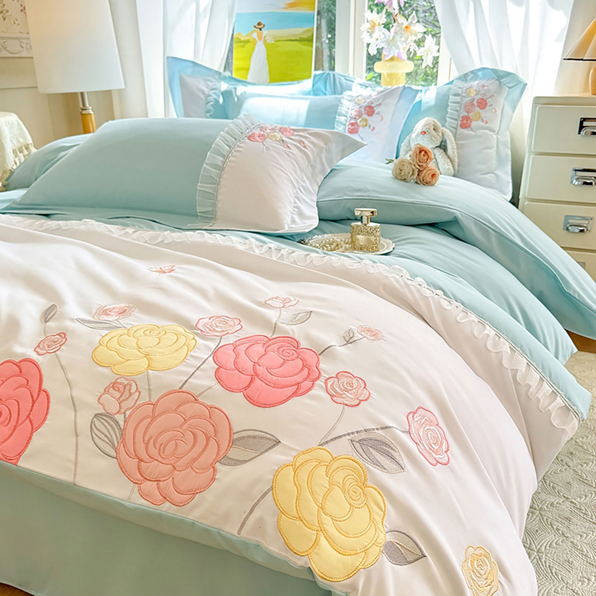 91家纺网 家纺一手货源 找家纺 慕语家纺 2025新款磨毛亲肤贴布绣伊丽莎白四件套（专版花型） 伊丽莎白--清新绿